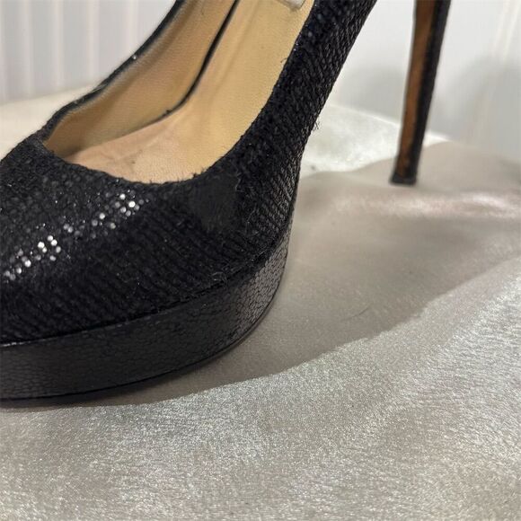 Jimmy Choo Black Glitter Peep Toe Platform Pumps Size 7 US Heels Made in Italy - Picture 10 of 15